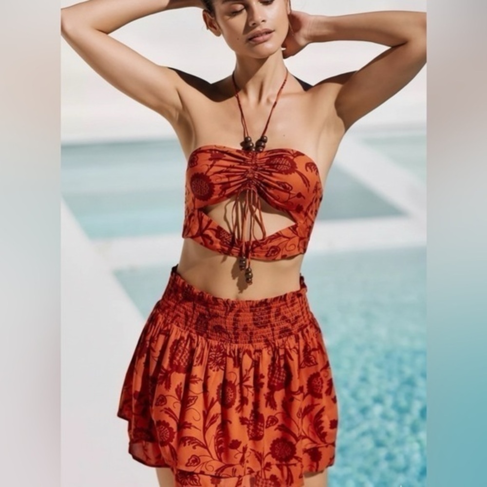ANTHROPOLOGIE Beaded Floral Cutout Halter Two-Piece Mini Skirt Set NWOT